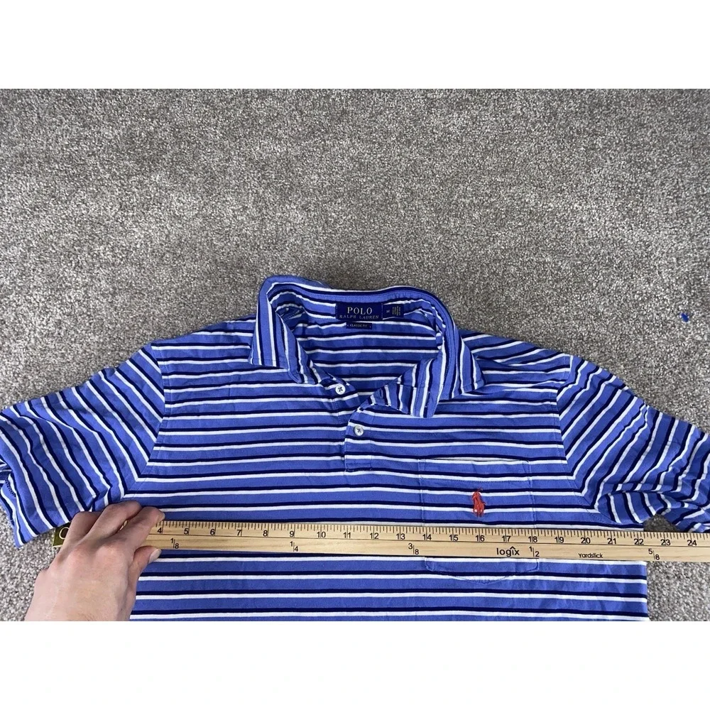Polo Ralph Lauren Blue Striped Pocket Polo Shirt Mens M Light‎ Red Pony Cotton